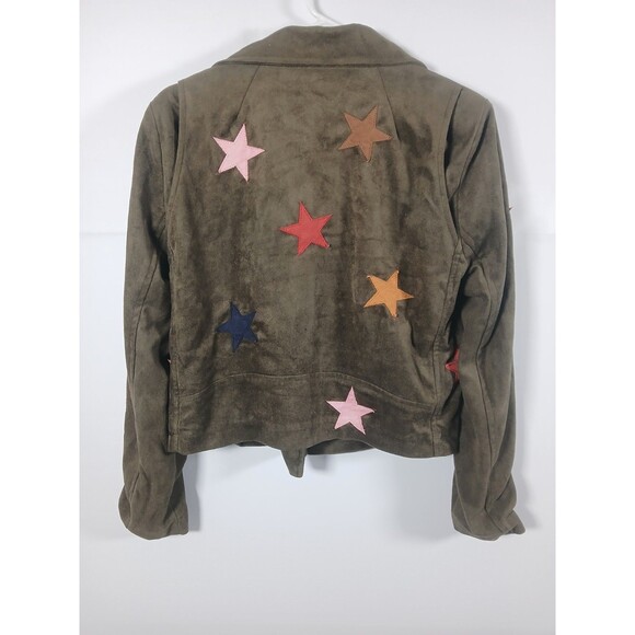 Olivaceous Olive Green Faux Suede Star Moto Jacket Size L EUC Zip Pockets Edgy - Picture 7 of 10